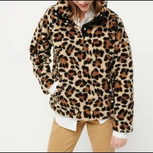 Jcrew snap-collar Sherpa Fleece Pullover Leopard